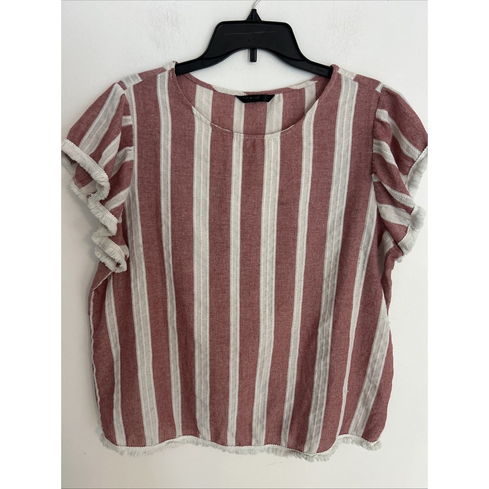 Women's Medium Red White Short Sleeve Raw Fringe Hem Relaxed Fit Burlap Material